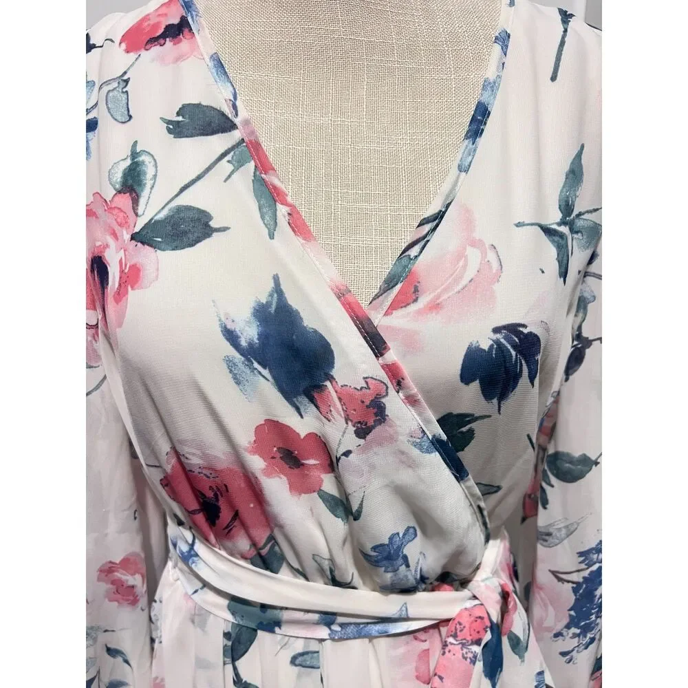 RICARICA Ivory Pink Blue Floral Maxi Dress Medium Boho Romantic Tie Waist Lined - Picture 7 of 8